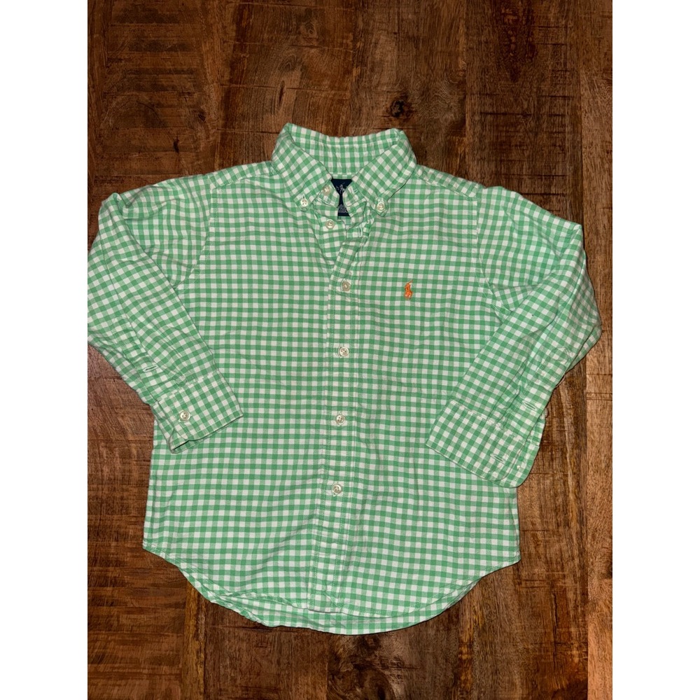 Ralph Lauren Boys Green Gingham Long Sleeve Button Down Shirt Size 4